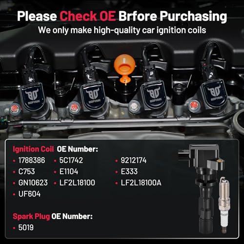 Image of BDFHYK 4 Ignition Coil Pack UF604 and 4 Iridium Spark Plug 5019 Compatible with Mazda 2008-2010 5 2.3L l4, 2012-2015 5 2.5L l4 Coil for 5C1742 9212174 C753 E1104 E333 GN10623