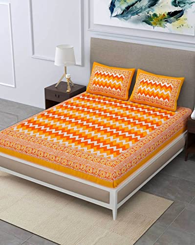 Image of RajasthaniKart Pure 100% Cotton Double Bed Sheet with 2 Pillow Covers (Bedsheet for Double Bed Cotton, Orange, 5277)