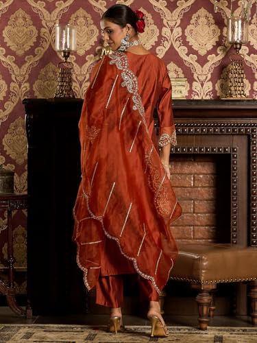 Image of INDO ERA Women's Liva Embroidered Straight Kurta & Pant With Dupatta Set (SHUTR6718)
