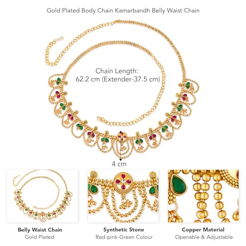 Image of Peora Traditional Gold Plated Rani Pink Green Synthetic Stone Studded Belly Chain Kamarband Ethnic Fashion Jewellery for Girls & Women