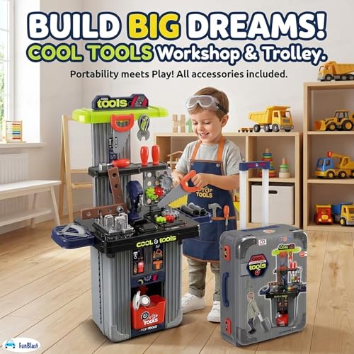 Image of FunBlast Kids 2 in 1 Tool Kit Suitcase with Workbench - Pretend Play Tool Set for Boys, Portable Engineer Toy with Tools, DIY Construction Playset Gift for Kids 3-8 Years (Big-42 Pcs)