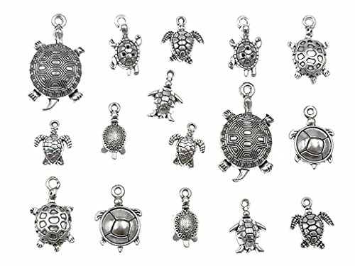 Kinteshun Assorted Tortoise Sea Turtle Charm Pendant Connector for DIY Jewelry Making Accessaries(16pcs,Antique Silver Tone)