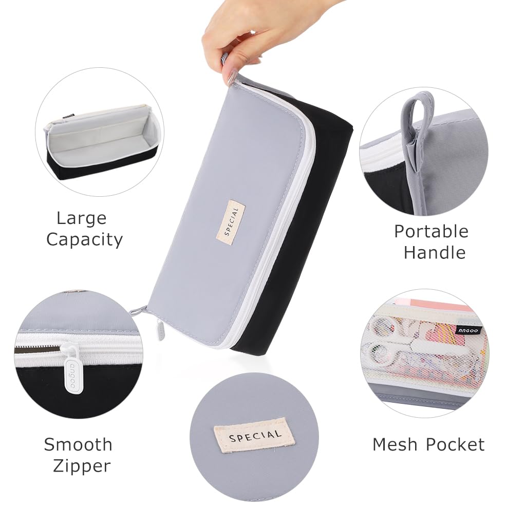 Oyachic Wide Open Pencil Case Flip-Top Large Pencil Pouch Pen Holder Bag Office Stationery Asthetic Supply Organizer Marker Zipper for Adults (Grey) - Image 2