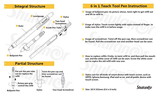 Shulaner 6 in 1 Multifunction Tech Tools 0.7mm Black Ink Ballpoint Pen with Ruler Level Stylus and Two-Head Screwdriver for Men or Women Pack of 4 - Thumbnail 5