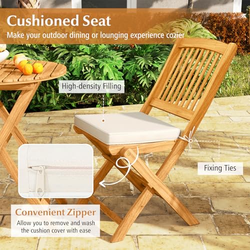 Image of Tangkula 3 Pieces Acacia Wood Patio Folding Bistro Set, Outdoor Table and Chairs Set with Soft Cushions, Patio Furniture Set for Porch, Balcony, Garden, Deck and Backyard