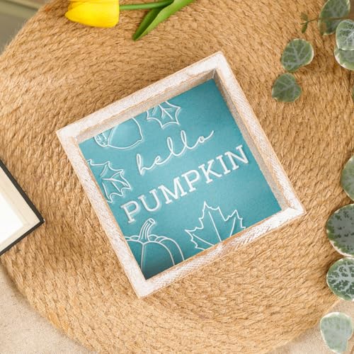 Image of Embossed Hello Pumpkin Sign, Rustic Fall Decorations for Home, Thanksgiving Centerpieces for Table Cubicle Desk Mantel Fireplace, Autumn Tiered Tray Decor