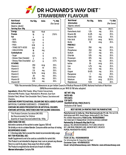 Image of Dr Howard's Way Diet | Total Food Replacement | Strawberry Shake For Weight Loss & Management | Healthy Meal Replacement | Essential 13 Vitamins & 14 Minerals | Less than 200 Calories Per Meal Pack | For Men & Women | 50Gm (Vegetarian)
