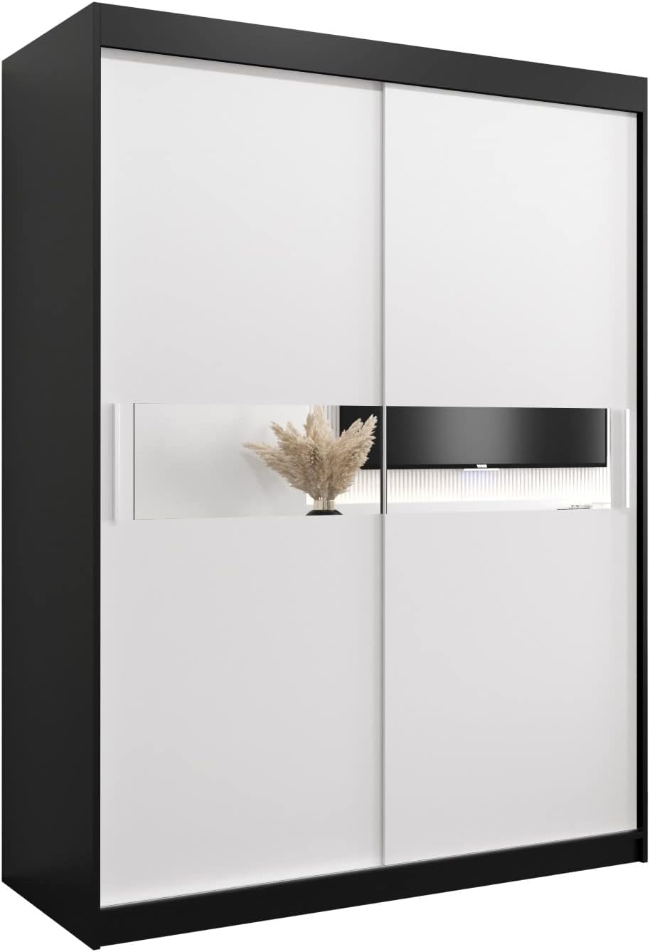 Engineered Wood Wardrobe With 2 Sliding Doors With Mirror & Shelves For Bedroom -White/Black Color(Wxhxd): 150X200X62 Cm, Suitable For Bedroom, Laundry Room, Closet, Garage,