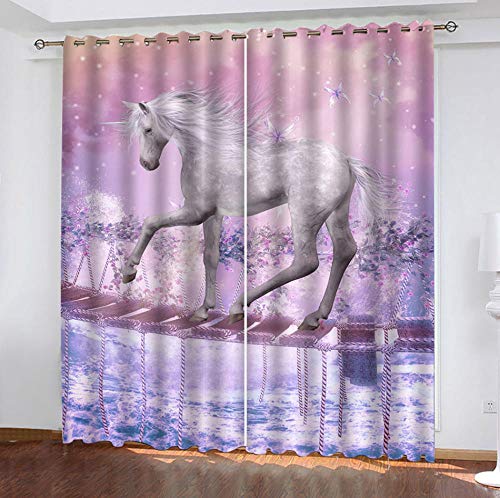 ZZZXX Panneaux De Rideaux Intérieurs Cheval Blanc Sakura Fenêtre avec Oeillets pour Salon Chambre Décoration Rideaux Enfants Fenetre Lot De 2 Voilage 110X215cm