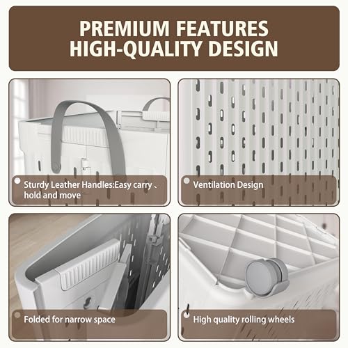 Image of UAK Plastic Laundry Basket with Wheels & Handle, 67L Heavy Duty Foldable Laundry Hamper - Easy Clean Waterproof Rolling Organizer for Bathroom & Laundry Room, Grey