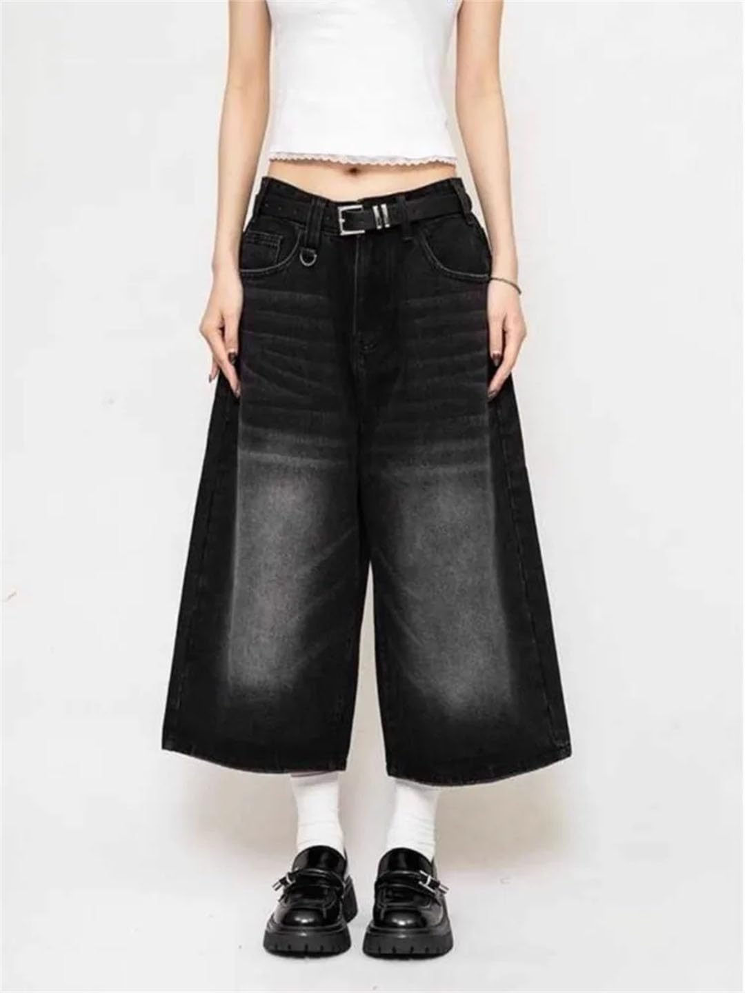 Damskie casualowe szerokie nogawki workowate denim High Street Retro wysoka talia tandetne szorty, Czarny, M