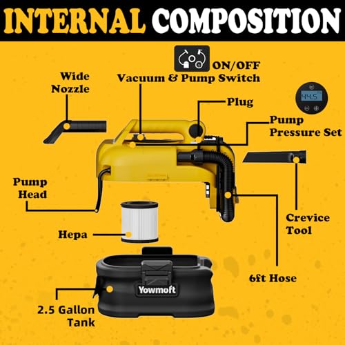 Image of 3 in 1 Shop Vac Cordless and Corded, Versatile Power Source with Tire Inflator and Blower Function, 2.5 Gallon Portable Shop Vacuum Wet and Dry for Dewalt 20V Battery, Small Shop Vac (with Battery)