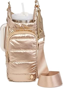 Original HydroBag HANDLE, Zipper for Handle, 40 oz Water Bottle Holder w/Strap, Crossbody Carrier Bag w/Phone Pocket, Tumbler Accessories - Gold Shiny w/Vegan Leather Trimmed Strap