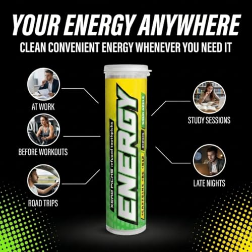 Image of Xero Picks Energy Caffeine Flavored Toothpicks B12 for Focus & B6, 60 Picks (Pack of 3) (Sour Apple) Sugar-Free Alternative to Energy Mints & Gum - Kosher