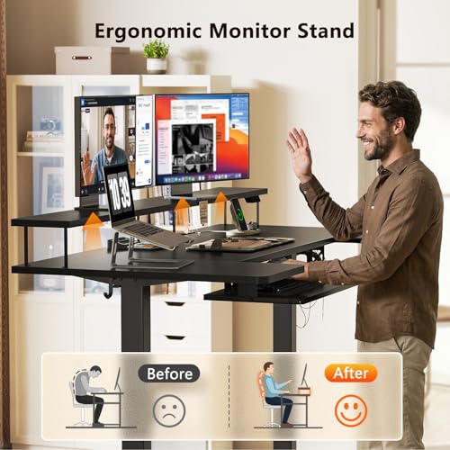 Image of OffiGo U Shaped Electric Standing Desk with Keyboard Tray, 63 Inch Height Adjustable Desk with Power Outlets & LED Lights, Sit Stand Table with Monitor Stand for Home, Office, Black