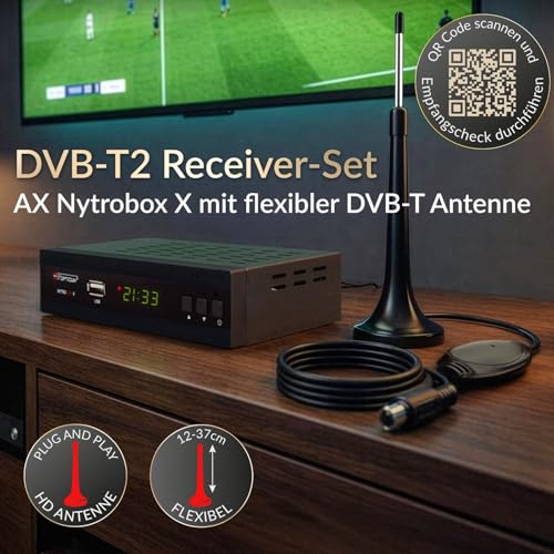 DVB-T2 Receiver mit PVR Aufnahmefunktion + DVB-T Antenne, Opticum Nytrobox X im Set für DVB T & DVB T2 HD Fernsehen und Radio HDMI SCART USB (Test = SEHR GUT)