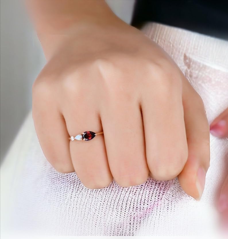 Handmade Vintage Red Garnet & Opal Gemstone Engagement Ring Pear Cut Gems Moissanite Wedding Band Three Stone Unique Women's Bridal Promise Jewelry4