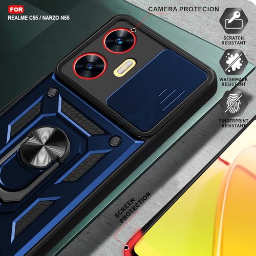 Image of AESTMO Tough Armor Realme C55 / Narzo N55 Bumper Back Case Cover | Ring Holder & Sliding Camera Shield Cover | 360 Degree Protection Back Case Cover for Realme C55 / Narzo N55 (Blue)
