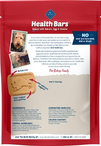 Image of Blue Buffalo Health Bars Bacon, Egg & Cheese Crunchy Dog Biscuits, Oven-Baked with Real Bacon & Natural Ingredients, Healthy Dog Treats with No Artificial Flavors or Preservatives, 16 oz. (Pack of 4)