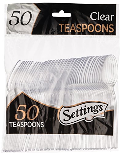 [50 Count] Settings Plastic Clear Teaspoons, Heavyweight Disposable Cutlery, Great For Home, Office, School, Party, Picnics, Restaurant, Take-out Fast Food, Outdoor Events, Or Every Day Use, 1 Bag