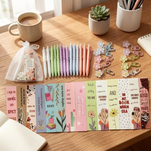 60 Pcs Bulk Stationery Set (15 Individually Wrapped) - Pastel Pens, 30 Unique Bookmarks & Acrylic Flower Charms - Aesthetic Desk Gifts for Professor, Coworker, College Gir - Acarino - Image 4