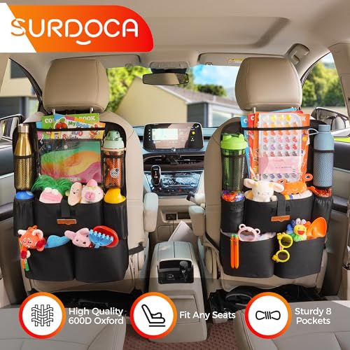 Image of SURDOCA Upgraded Car Organizer with 11-inch Tablet Holder, 8 Pockets, Car Seat Protector for Road Trips - Car Storage and Organizers for Kids, Grey 2PC