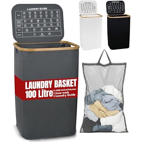 LKH Laundry Basket with Lid 100 Litre - 600D Polyester Clothes Hamper Cover