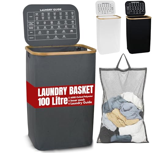 LKH Laundry Basket with Lid 100 Litre - 600D Polyester Clothes Hamper for Laundry with Bamboo Handles, Laundry Guide & Inner Mesh Bag - 44x33x70cm Laundry Basket Organizer for Dorm Laundry Room