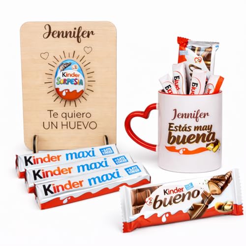 Caja Kinder para Regalar con Chocolate Kinder + Taza Personalizada | Pack Kinder Bueno con Huevos Kinder Sorpresa, Desayuno a Domicilio Sorpresa para Cumpleaños, San Valentín o Navidad