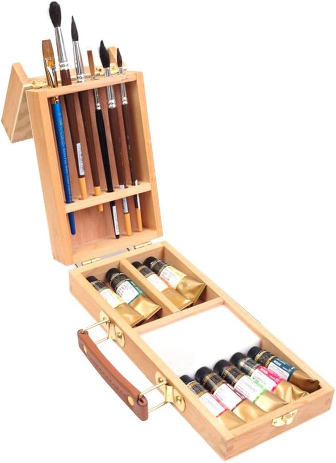Wooden Flip Opening Artist Tool Box Brush Box Portable Sketch Easel Painting Box Art Supplies