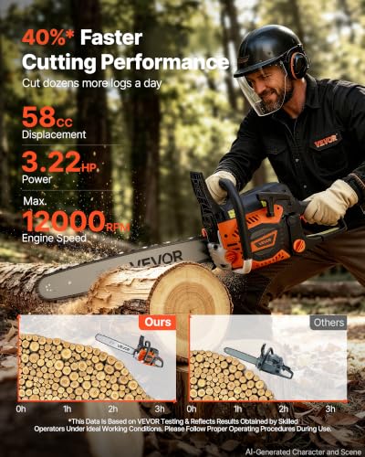 Image of VEVOR Gas Powered Chainsaw 18 & 20 Inch 58CC 3.22HP 2 Stroke Engine Saw | For Wood Cutting, Tree Trimming & Land Clearing, Throttle-Synced Choke, Power Chain Saw with Non-Slip Handle & Dual Tanks
