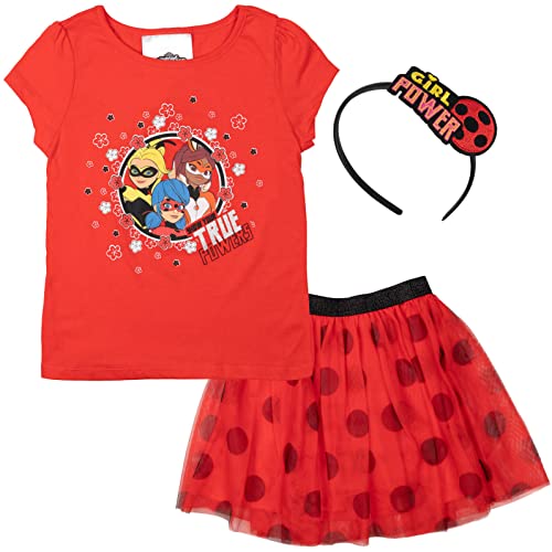 Miraculous Little Girls T-Shirt Skirt and Satin Headband 3 Piece Outfit Set Red 7-8