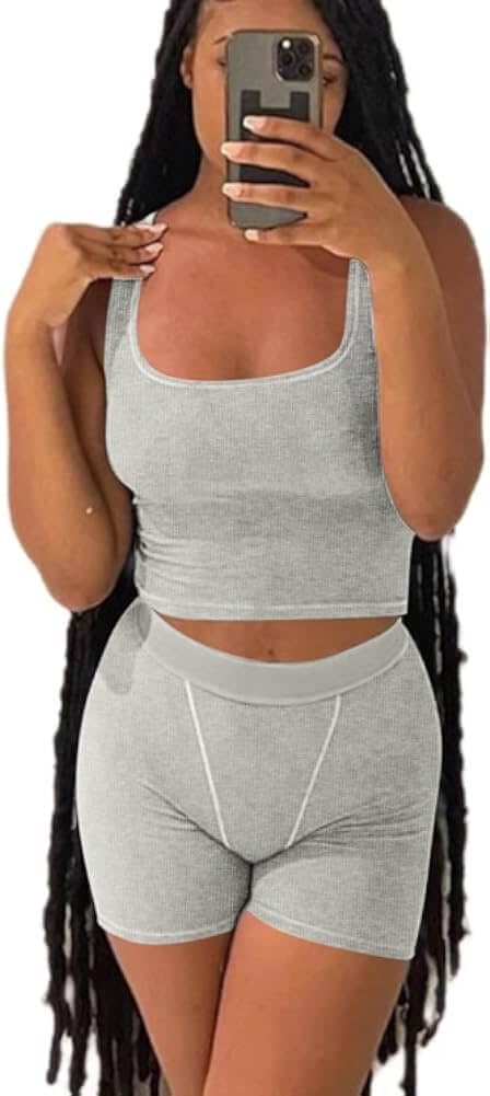 Two Piece Outfits Sets for Women Crew Neck T-shirt Crop Top and Biker Shorts Sexy Active Tracksuits