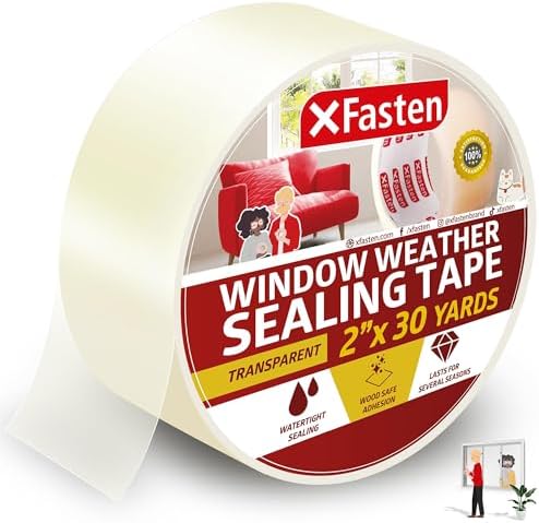 XFasten Transparent Window Weather Sealing Tape, 2-Inch x 30 Yards (50.8mm x 27.43m), Clear Window Draft Isolation Sealing Film Tape, No Residue