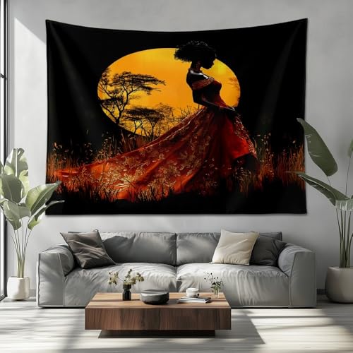 Silueta de Gente Africana Tapiz de Pared Tapiz PsicodéLico de 150x100cm, Sol Dorado Tapiz para Colgar en la Pared, DecoracióN de Tela Para Sala de Estar, Dormitorio para Colgar en la Pared