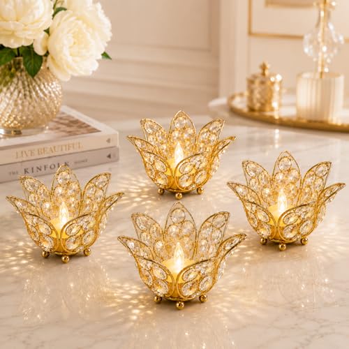 Image of CentraLit Gold Lotus Crystal Decorative Items for Home Decor Living Room Table Decor Showpiece for Home Decor, Wedding Gift, House Warming Gift, Diwali Decoration Jyot, Tealight Candle Holder Set of 4