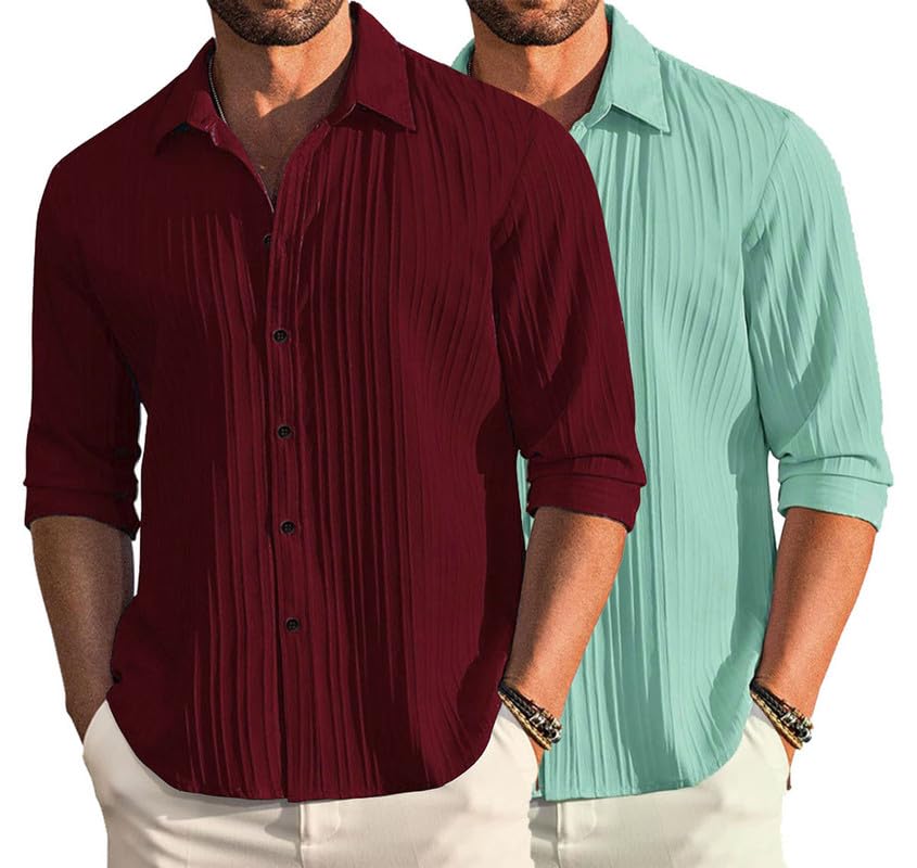 Image of DEELMO Combo of Men's Casual Button Down Shirts Long Sleeve Linen Shirt Fashion Textured Summer Shirts Pack of 2