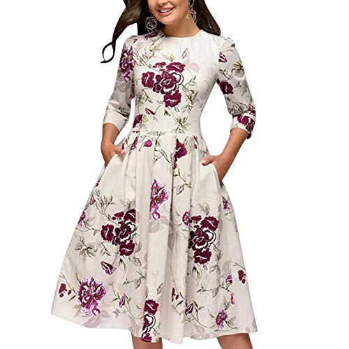 Vestido para Mujeres Elegante Mini Cuello Redondo Vestido Floral Cóctel Vintage Vestido Clásico Manga Larga Talla Grande (Blanco, XL)