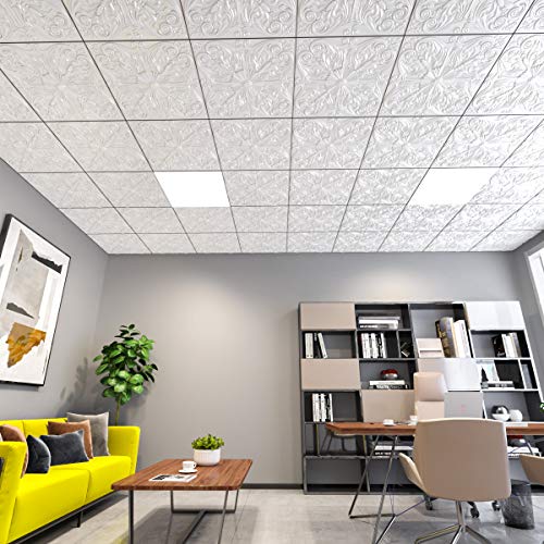 Image of Art3d Spanish Floral Drop Ceiling Tiles, 24 x 24 in, 12-Pack, Matt White