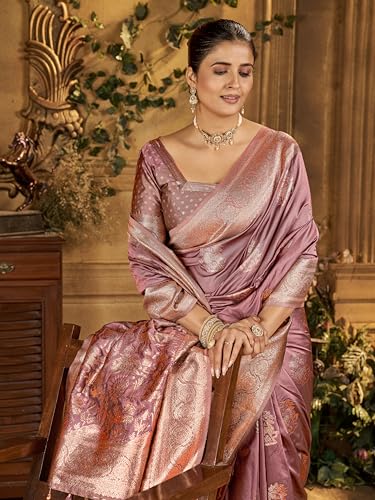 Image of Mehrang Women's Banarasi Silk Kanjivaram Saree For Wedding With Pure Zari Work, Woven Design, With Unstitched Blouse Piece