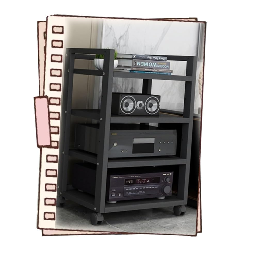 Meuble de rangement vidéo STO 4 niveaux noir 50cm avec roulettes et étagères réglables