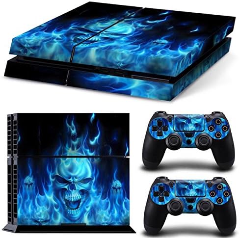 Vinyl Sticker Pattern Decals Skin for PS4 Console & Controller (NOT for PS4 Slim / PS4 Pro) - Blue Flame Skull