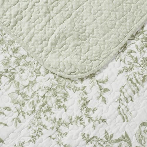 Image of Laura Ashley - Queen Quilt Set, Soft & Reversible Cotton Floral Bedding with a Medium Weight Feel, 3 Piece Bed Set with Matching Pillowcases (Bedford Green /Off-White)