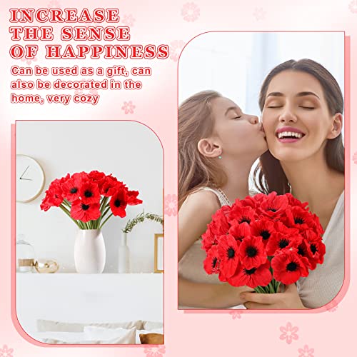 42 Pcs Artificial Poppy Flowers Pu Real Touch Poppy Silk Flowers 11 Inch Poppy Anemone Stems Fake Flowers Table Centerpiece For Home Wedding Memorial Day Decor (Red) #TOP5