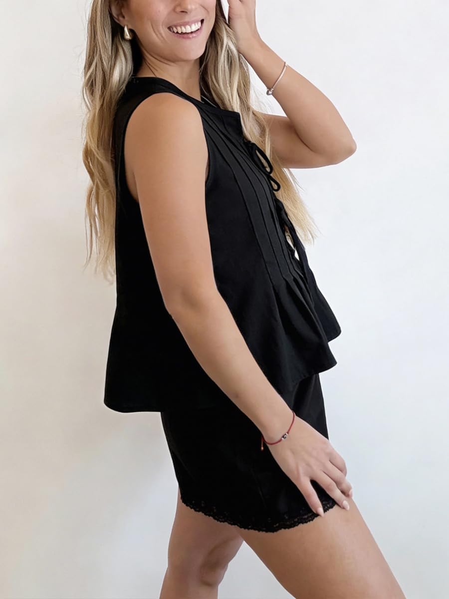Womens Summer Short Sets 2 Piece Outfits Pleated Front Tie Tank Top and Shorts Cotton Pajamas Set - Image 4