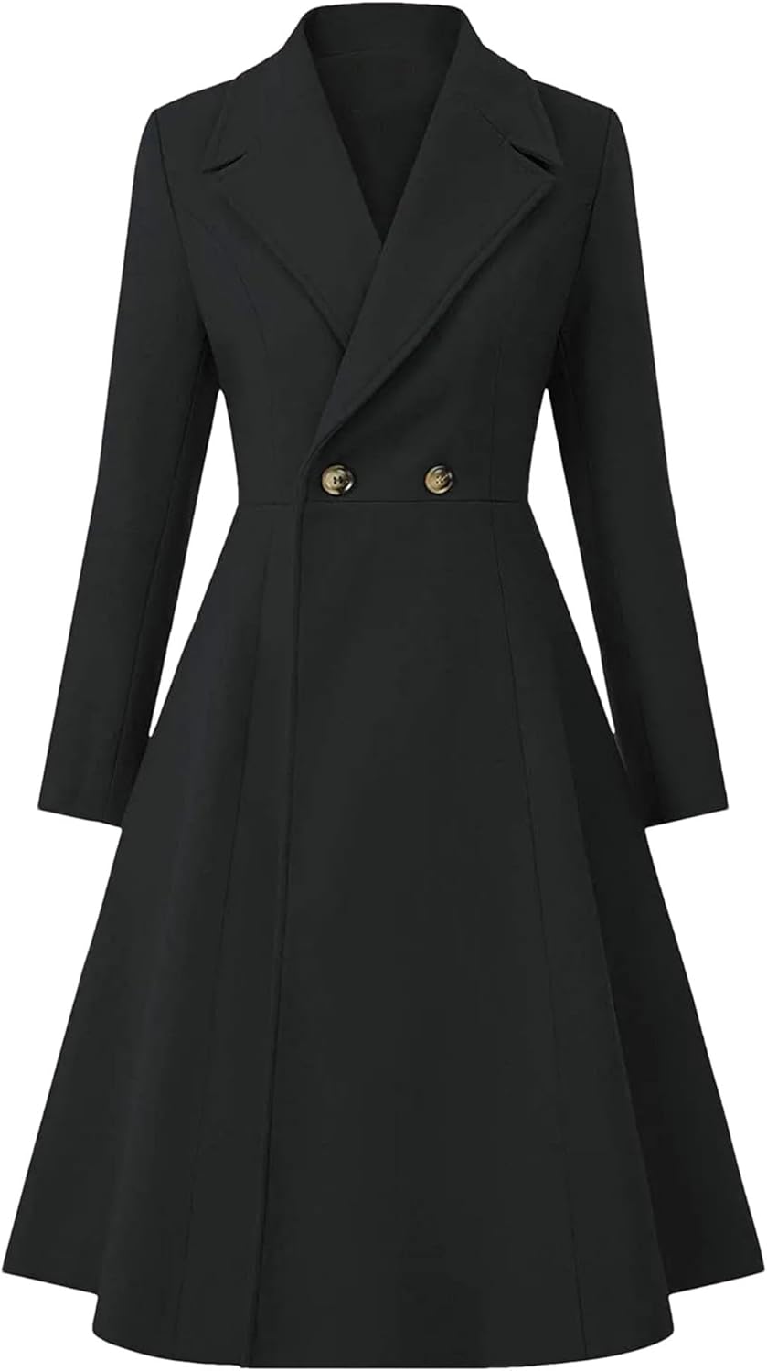Women's Trench Coat Lapel Slim High Waist Double Long Sleeves A-Line Overcoat