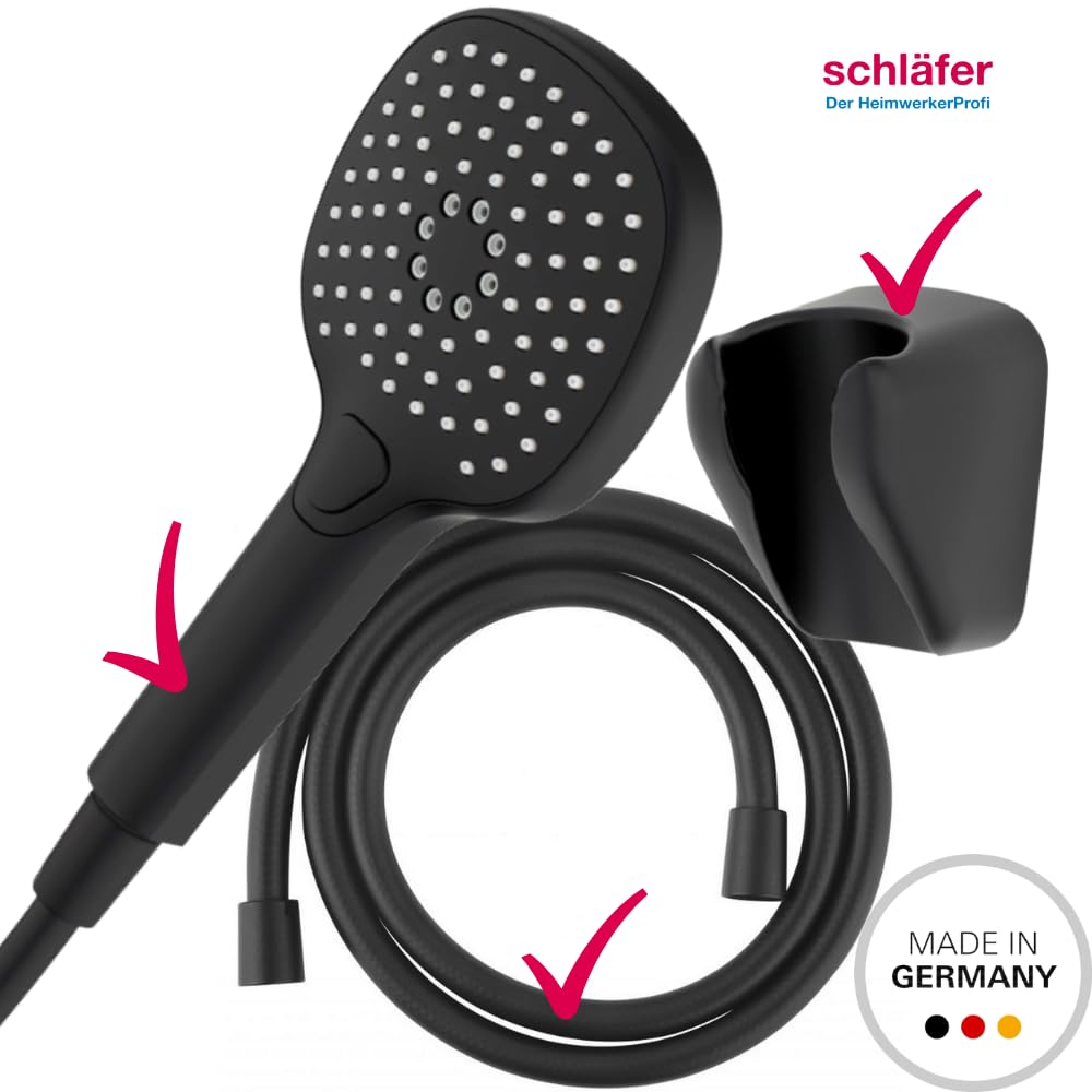 Schläfer 1303500 | Alcachofa de ducha cuadrada con tubo negro mate, juego de alcachofa de ducha con flexible y soporte, alcachofa de ducha universal multichorro cuadrada alta presión, ducha con botón
