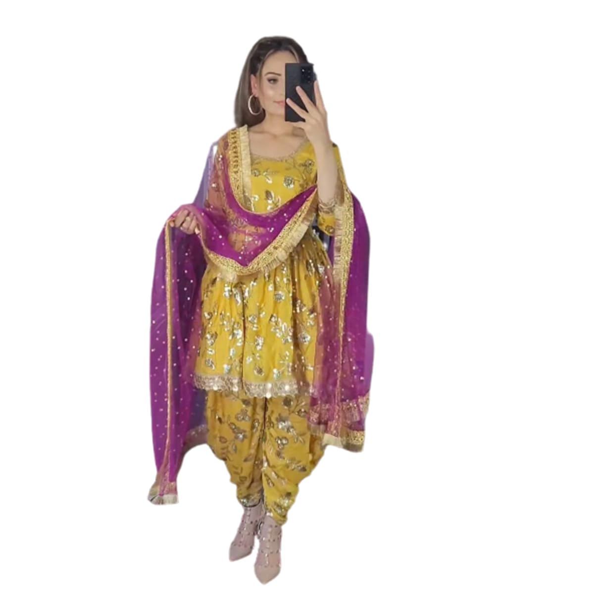 WOMEN'S Georgette Dhoti Salwar Suit (Patiyala Suit) (SF25110 Pink Free Size)-image-38