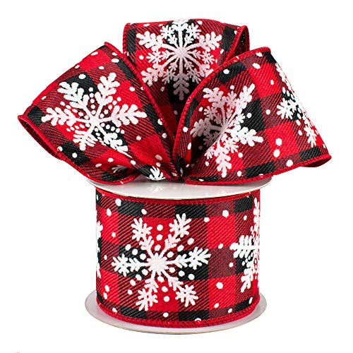 Image of Buffalo Plaid Snowflakes Wired Ribbon - 2 1 /2 inch x 10 Yards, Red & Black Checks, Christmas Tree Ribbon, Farmhouse, Wreath, Swag, Garland, Gifts, Wrapping, Bows, Fundraiser, Classroom, Office