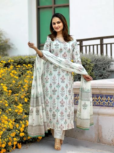 Image of Pinkmint Women's Cotton Blend Anarkali Kurta Set with Pant & Dupatta | V-Neck Printed Ethnic 3-Piece Suit | Suitable for Daily & Festive (Available in Plus Sizes)